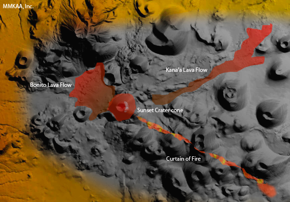 Sunset Crater cone, curtain of fire, and Bonito and Kana'a Lava flows