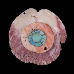 Composite of modified pink scallop shell with turquoise mosaic pendant