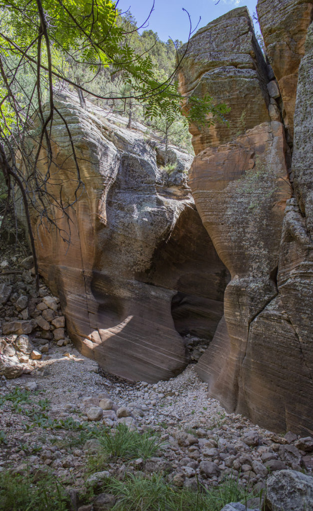 Dry waterfall with petroglyphs in the sandstone of Walnut Canyon